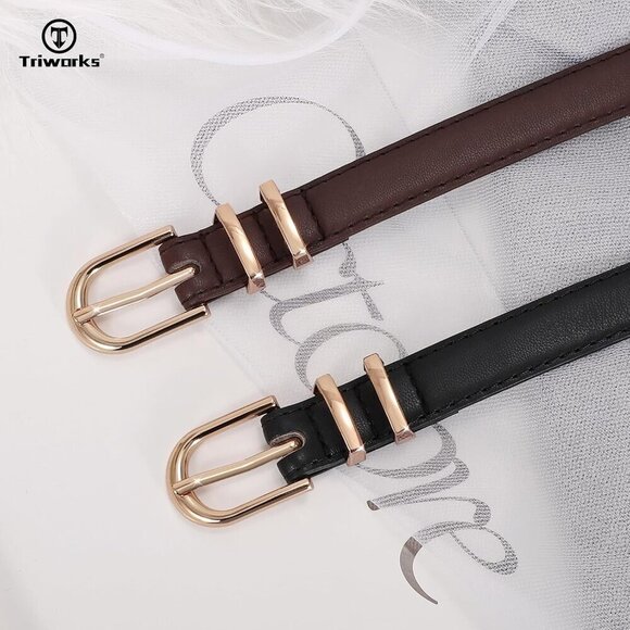 2 Pack Women\'s Skinny Leather Belts Black Dark Coffee Thin Faux with Gold Buckle